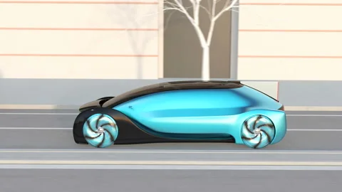 Self driving sedan driving fast and passed autonomous bus Stock Footage 111498613
