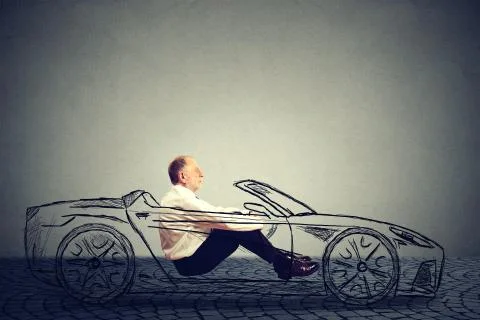 Self driving technology concept. Side profile senior man inside autonomous ca Stock Photos