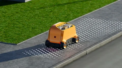The self-driving yellow small vehicle carries packages on a sidewalk. CG render Stock Footage 201227613