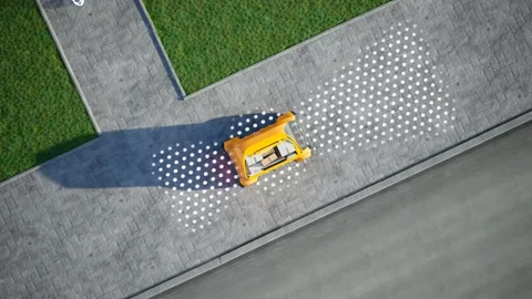The self-driving yellow small vehicle carries packages on a sidewalk. CG render Video stock 201227775