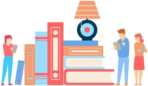 Self-education and studying concept. Students read literature using gadget and 스톡 일러스트
