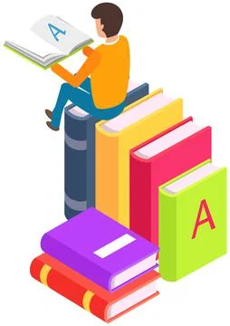Self education, man reading book, study and gain new knowledge. Student sits on イラスト素材