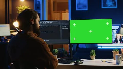 Self employed man doing IT support job, coding on green screen PC 스톡 사진