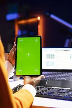 Self employed person using mockup tablet at home, close up Stockfoto's