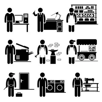 Self Employed Small Business Jobs Occupations Careers - Grocer, Freelancer, Copy Stock Illustration
