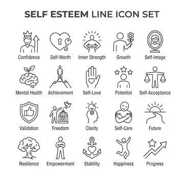 Self Esteem Line Icon Set: Confidence, Self-Worth, Inner Strength, Growth, .. Stock Illustration