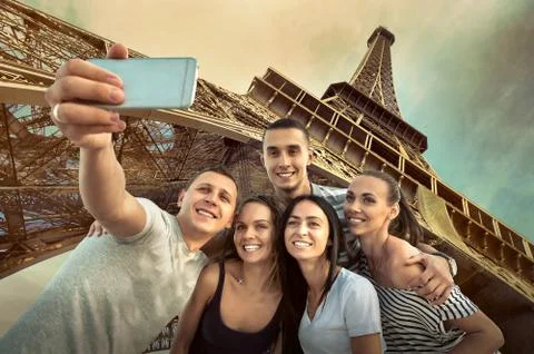 Self of Group friends on the one of the  Eiffel Tower in Paris Stock Photos