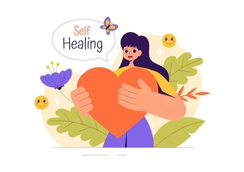 Self Healing Vector Illustration featuring a Woman Meditating and Restoring.. Illustrazione stock