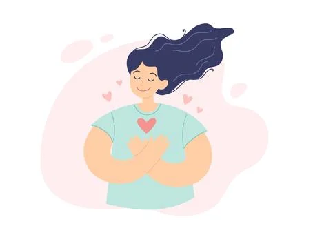 Self help concept. Young positive woman with her hand on the chest swith heart Stock Illustration