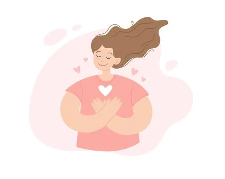 Self help concept. Young positive woman with her hand on the chest with heart Stock Illustration