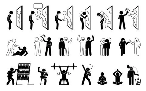 Self help metaphor in stick figure pictogram icons. Vector illustration conce Stock-Illustration