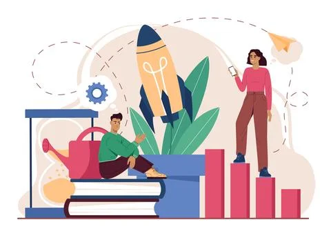 Self improvement concept. Man and woman sitting near graphs and rocket. People 스톡 일러스트