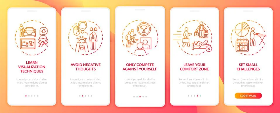 Self-improvement tools red onboarding mobile app page screen with concepts Illustrazione stock