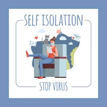 Self isolation and stop virus flyer template. Woman working at home during Stock Illustration