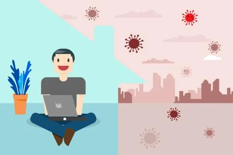 Self isolation concept Young man working Stock Illustration