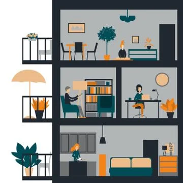 Self-isolation, people in apartments. Vector illustration Stock Illustration