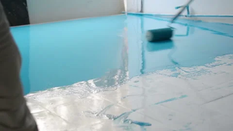 Self-leveling blue epoxy floor Stock Footage 149389723