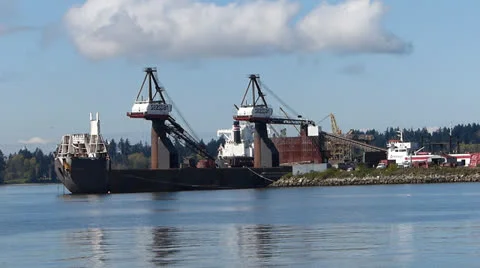 Self Loading, Self Discharging Log Barge Sits Idle on Waterfront Video stock 22607203