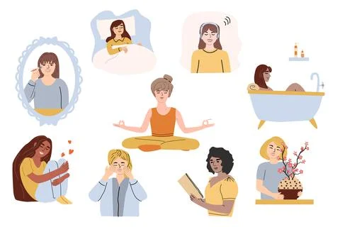 Self love and wellness practices for women in daily life Stock Illustration