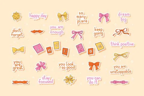 Self love motivation notes and bow stickers Stock Illustration