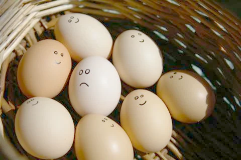 Self Made Hand Drawn - Group of emotional eggs. They are in a basket . Stock Photos