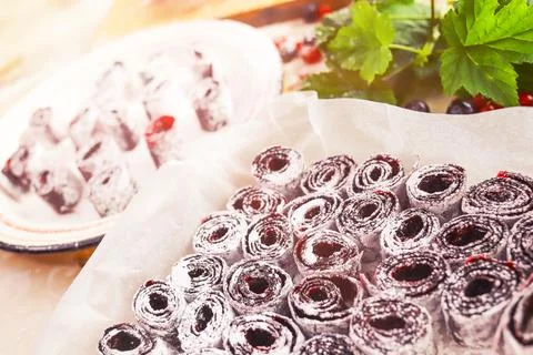 Self-made sweets made from mashed dried berries. Marmalade. 스톡 사진