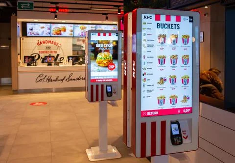 Self order kiosk installed of KFC restaurant. Minsk, Belarus - February, 2022 Stock Photos