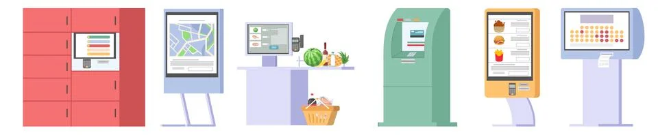 Self ordering kiosk terminals with digital touchscreen set Stock Illustration