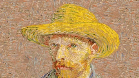 Self-portrait with Straw Hat painted by famous artist Vincent Van Gogh in Stock Footage 106694537