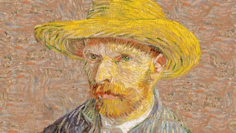 Self-portrait with Straw Hat painted by famous artist Vincent Van Gogh in Stock Footage 106694729
