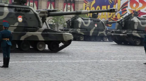 Self-propelled artillery unit MSTA-S in rehearsal on parade on Red Square Stock Footage 1391563