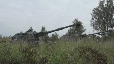 Self-propelled artillery unit in the stands. Military armored vehicles Video stock 68665197