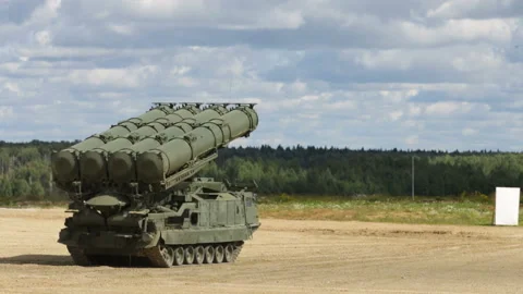 Self-propelled missile launcher is preparing to launch missiles Stock Footage 94686994