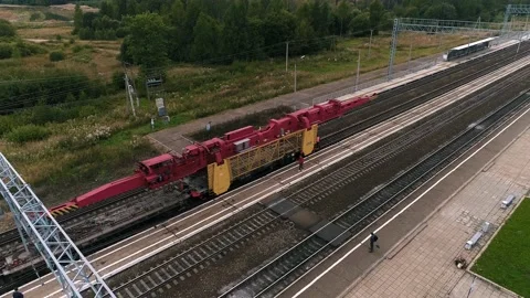 Self-propelled rail-laying train in motion. Aerial view Video stock 201960958