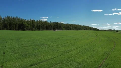 Self-propelled sprayer-spreader of orange color works on the field Stock Footage 271477942