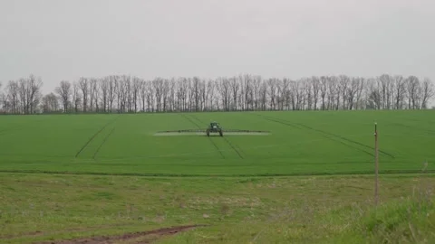 A self-propelled sprayer works in the field. Fertilizing the soil. Stock Footage 242166499
