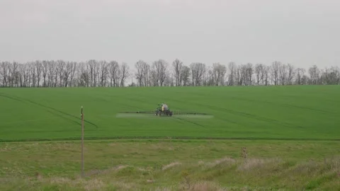A self-propelled sprayer works in the field. Fertilizing the soil. Stock Footage 242596512