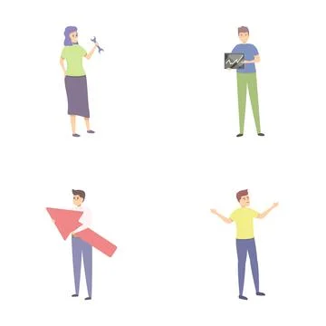 Self realization icons set cartoon vector. People achieve result Stock Illustration