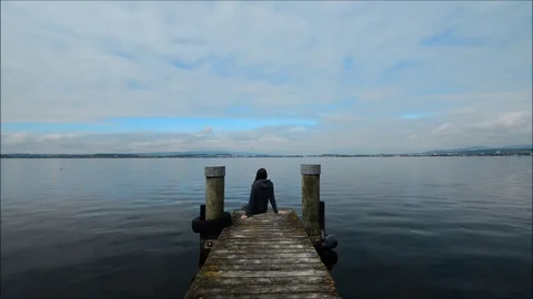 Self-reflection. Figure on the pier. Stock Footage 82902529