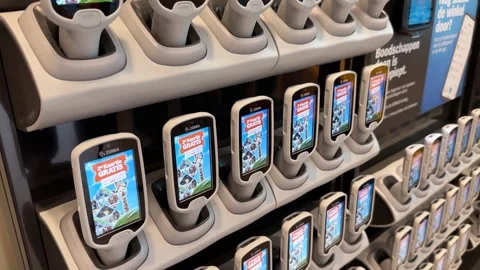 Self-scanners with touchscreen in Albert Heijn AH Dutch supermarket. Nijmegen Stock Footage 280247695