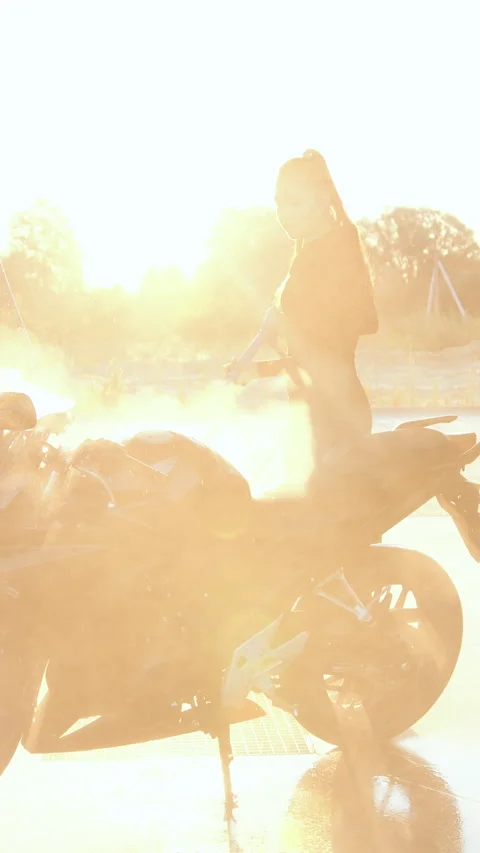 Self-service car wash concept where charming trendy 25-aged brunette with ponyta Stock Footage 331079399