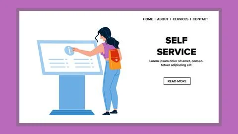 Self Service Interactive Computer Use Girl Vector 스톡 일러스트