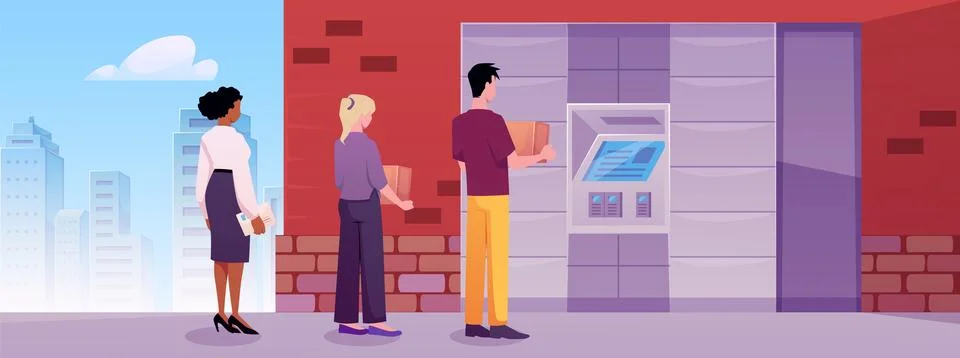 Self service locker post station in city, vector people sending parcels via Stock Illustration