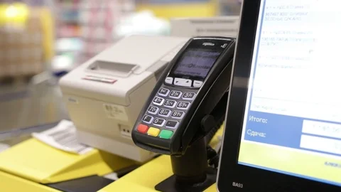  a self-service machine with a touch screen scanning a bar code in a supermarket Stock Footage 119361323