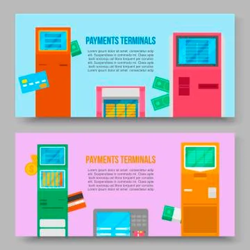Self-service payments terminals vector banners. Debit and credit card and cash Stock Illustration