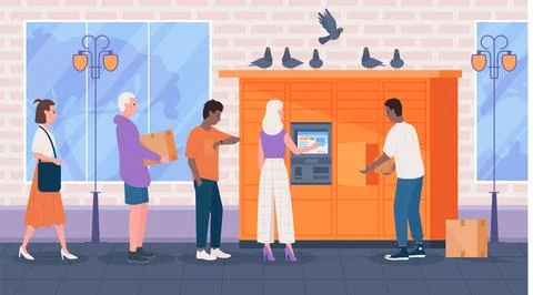 Self service in post office interior, people standing in line at postal automat Stock Illustration