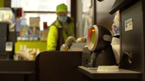 Self-service scanner at a supermarket Stock Footage 128564448
