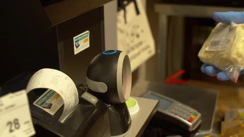 Self-service scanner at a supermarket Stock Footage 128564455