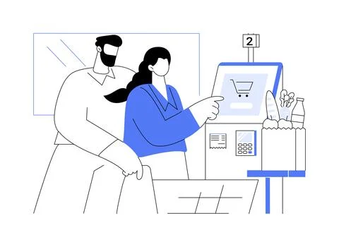 Self-serviced check-out counter isolated cartoon vector illustrations. Ilustración de archivo