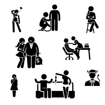 Self-serving relationship between man and woman for money, sold love, libertinis Stock Illustration